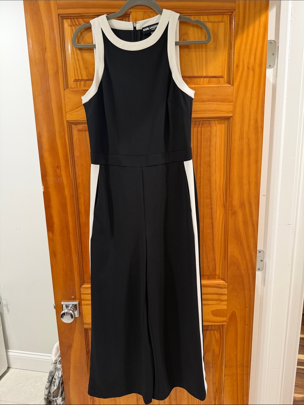 Karl Lagerfeld Black Jumpsuit with White Panel Accents and pockets